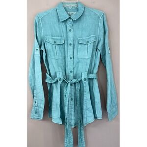 Ryan Michael Women's Small Linen Shirt Jacket Tie Belt Turquoise Tunic